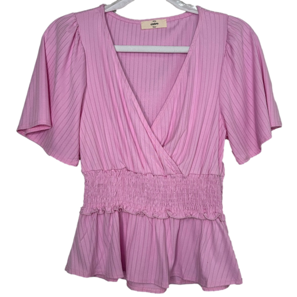 ENTERO Pastel Pink Deep V-Neck Peplum Smocked Short Sleeve Ribbed Top - Picture 2 of 5
